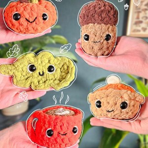 May include: A selection of crocheted plush toys, including a pumpkin, acorn, cloud, coffee cup, and pie. Each item has a smiling face and a white outline. The Instagram handle @lizzyscozycorner is displayed at the bottom of the image.