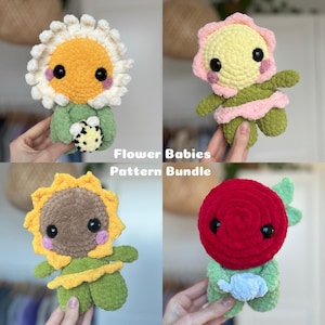 Könnte beinhalten: Ein Set mit vier Häkelmustern für Amigurumi-Blumen. Die Muster umfassen eine Sonnenblume, eine Rose, eine Gänseblümchen und eine Nelke. Jedes Muster ist so konzipiert, dass es einfach zu befolgen ist und detaillierte Anweisungen und Fotos enthält.
