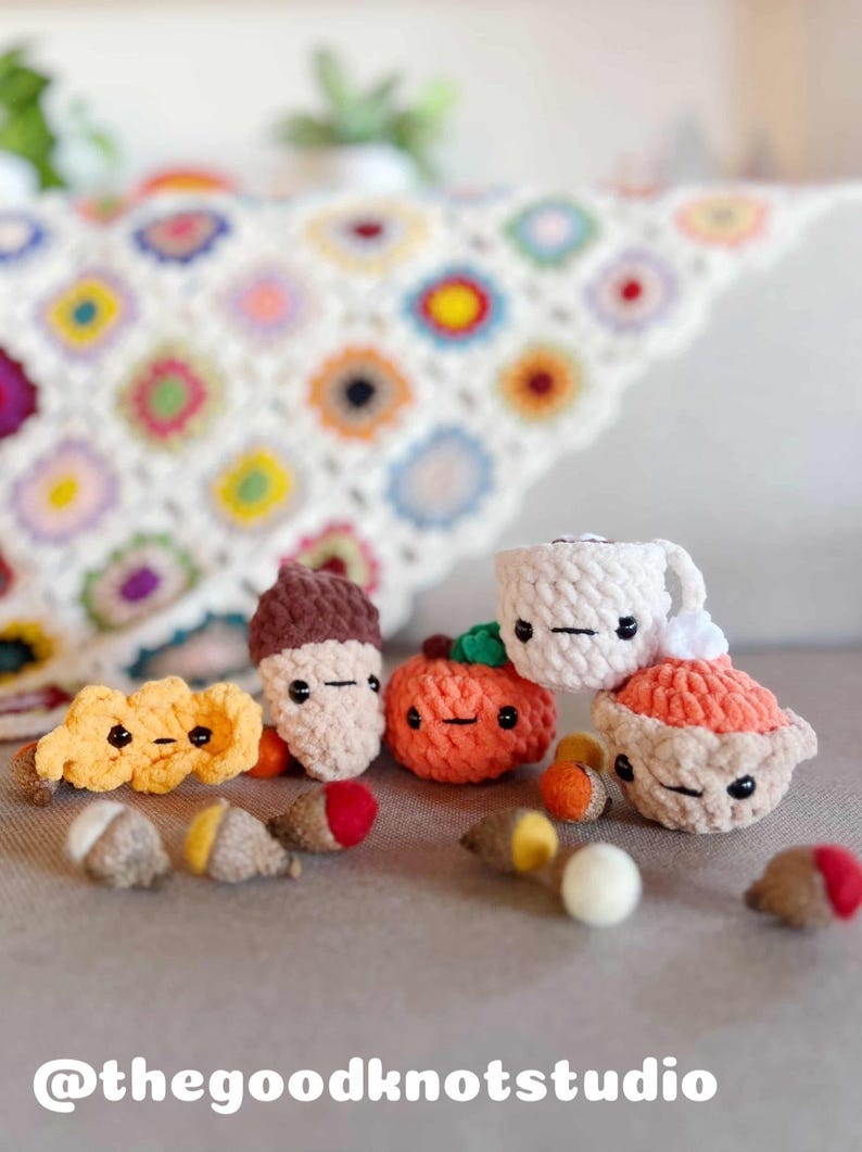 May include: A selection of crocheted autumn-themed items, such as an acorn, pumpkin, leaf, and coffee cup. The items are in autumnal colours of brown, orange, and yellow. A colourful, patterned blanket is in the background. The text "@thegoodknotstudio" is at the bottom.