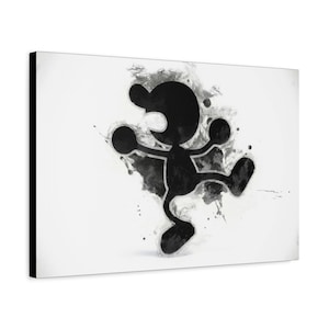 Op de afbeelding: Zwart-witte digitale illustratie van een videogamepersonage in een dynamische pose, met een aquarelachtige achtergrond.