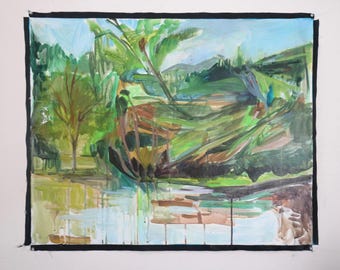 May include: A painting of a lush green landscape with a blue sky and a body of water in the foreground. The painting is done in a loose, expressive style with bold brushstrokes.