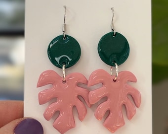 Green and pink textured clay, lightweight dangle hypoallergenic earrings