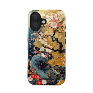 Coque de téléphone à motif de fleurs de cerisier japonais pour iPhone 16 MagSafe, Galaxy S25 | Étui Ukiyo-e Waves | Cadeau pour les fans d'Asie | art traditionnel japonais