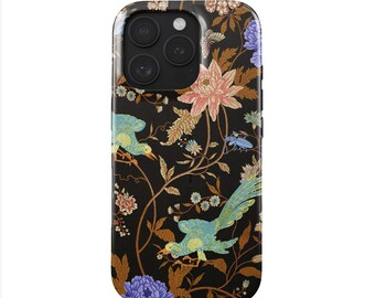 Antiek textieldesign telefoonhoesje voor iPhone 16 Pro (MagSafe) en Samsung Galaxy S25 | Victoriaanse boho-bloemenhoes | elegant cadeau voor haar