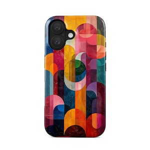 Bunte Bauhaus Handyhülle iPhone 16 Pro (MagSafe) & Samsung Galaxy S25 | geometrische Kunst | Modern Art Case | Farbenfroh, Acrylfarbe Effekt