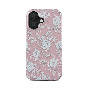 Brüsseler Spitze Handyhülle iPhone 16 & Samsung Galaxy S25 | Rosa Vintage Blumenmuster | Elegantes  coquette, zartes Handy Accessoire