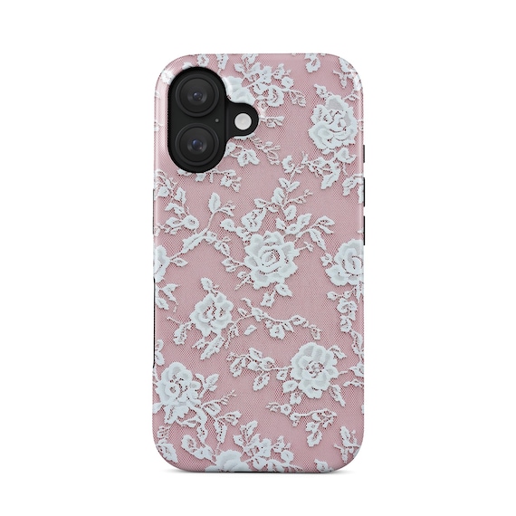 Coquette Handyhülle Rosa Blumen | Vintage Spitzenmuster | iPhone 16 15 14 Samsung Galaxy S25 | Ästhetisch feminines Geschenk