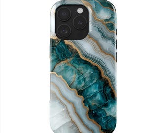 Quartz telefoonhoesje turquoise iPhone 16 (MagSafe), Samsung Galaxy S25 | Halfedelsteenhoesje | Cadeau voor haar | Glinsterend ontwerp met gouden aderen