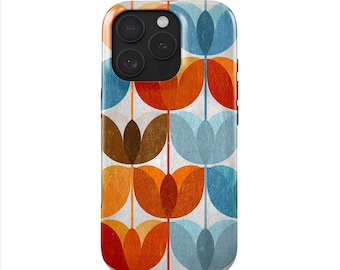 Retro Tulpen Telefoonhoesje iPhone 16 Pro (MagSafe) & Samsung Galaxy S25 | 70s Hoesje | Cadeau voor haar en hem | Kleurrijk geometrisch ontwerp