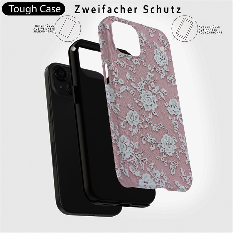 May include: A pink and white floral phone case with a black inner case. The case is made of two layers, a soft TPU inner layer and a hard polycarbonate outer layer. The text "Tough Case" and "Zweifacher Schutz" is visible on the image.