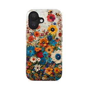 Wildblumen Handyhülle iPhone 16 Pro (MagSafe) & Samsung Galaxy S25, Florales Design, Wiesenblumen Bienen, Stickerei Effekt, Geschenk für Sie