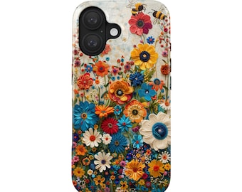 Custodia per iPhone 17 Pro (MagSafe) e Samsung Galaxy S25 con fiori di campo, motivo floreale, api e fiori di campo, effetto ricamo, regalo per lei