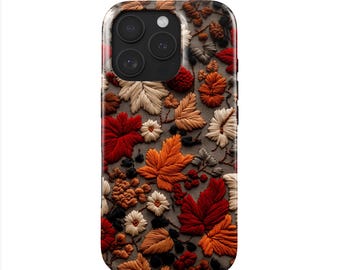 Autumnal phone case iPhone 17 Pro (MagSafe) & Samsung Galaxy S25 | Boho autumn leaves embroidery effect | Embroidered phone case autumn mood