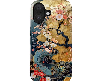 Japanese Cherry Blossom Phone Case | Golden Sakura, Ukiyo-e, Waves on Gold | Compatible with iPhone 18 Pro & Samsung Galaxy | MagSafe option