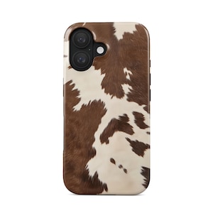 Telefoonhoesje met koeienprint, iPhone 17 (MagSafe) en Samsung Galaxy S25, koeienhuidpatroon, bruin en wit gevlekt, cowgirl-cowboy-esthetiek