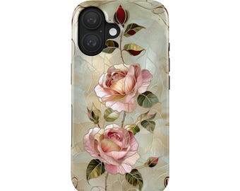 Glas-in-lood telefoonhoesje voor iPhone 17 (MagSafe) en Samsung Galaxy S25 | Bloemenrozenmotief | Cadeau voor vrouwen | Vintage look glaseffect