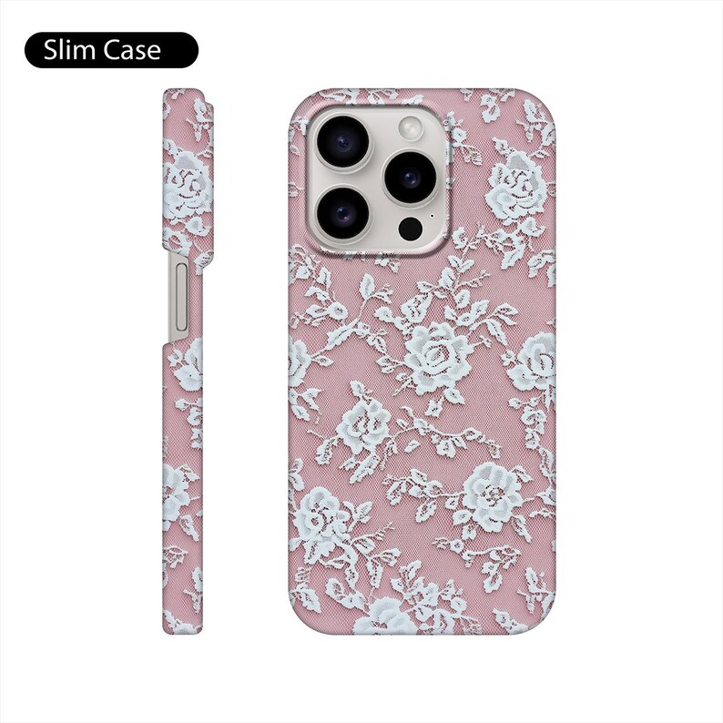 May include: A pink phone case with a white lace pattern. The case has a cutout for the camera lens and a raised lip around the edges to protect the screen.