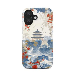 Funda de otoño japonés para iPhone 16 (MagSafe) y Samsung Galaxy S25-20, templo japonés, resistente a golpes, duradera, paisaje otoñal con templo