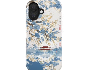 Sakura telefoonhoesje voor iPhone 17 (MagSafe) & Samsung Galaxy S25 | Japanse tempel | Cadeau-idee voor kunstliefhebbers | Verfijnde bloemenillustratie