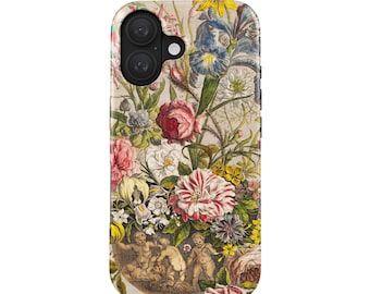Telefoonhoesje met bloemenmotief voor iPhone 17 (MagSafe) & Samsung Galaxy S25 | Vintage bloemenmotief in kopergravurestijl | Barokke illustratie met cherubijnen