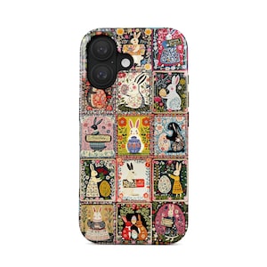 May include: A phone case with a patchwork design showcasing Easter bunny illustrations. The bunnies are in various poses and outfits, surrounded by floral and decorative elements. The case has a black camera lens cutout.