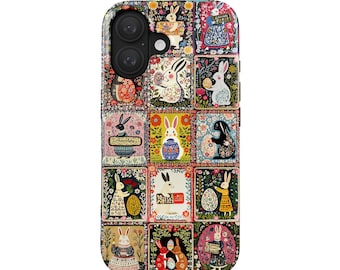 Paas telefoonhoesje iPhone 16 & Samsung S25 | Lenteachtig patchworkontwerp met paashazen | cadeau voor Pasen | Kleurrijke konijnen telefoonhoes