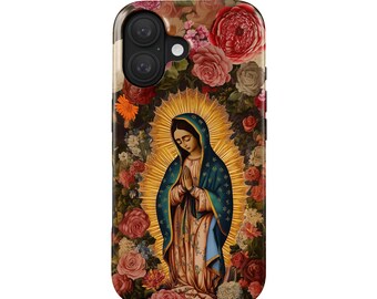 La Virgen de Guadalupe telefoonhoesje | Maria Moeder van God MagSafe-hoesje | Spirituele Gave | bloemkunstontwerp met gouden accenten