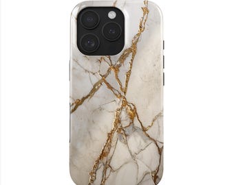 Luxe telefoonhoesje met steenlook voor iPhone 16 Pro (MagSafe) en Samsung Galaxy S25 | Goudkleurig marmer hoesje | Cadeau voor trendsetters | Elegant telefoonhoesje