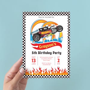 May include: A birthday party invitation with a Hot Wheels car design. The invitation has a black and white chequered border and includes the text "Grayson's 5th Birthday Party" with date, time, and RSVP details. Flames are at the bottom.