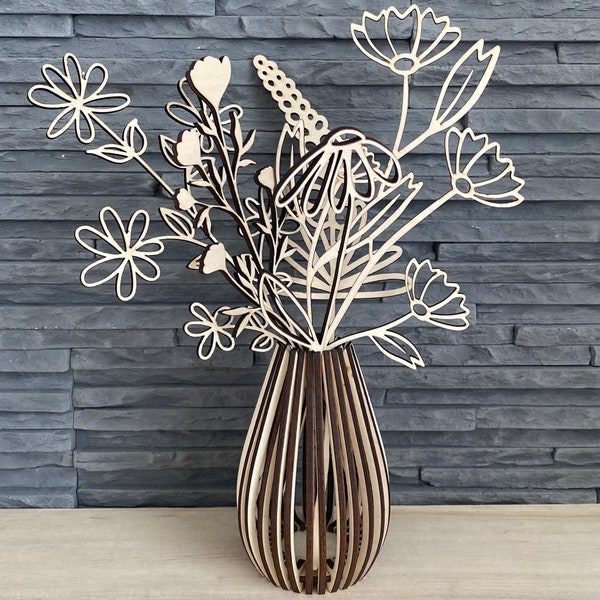 Holzblumen & Vase, Deko Blumen, Wiesenblumen aus Holz, Blumen aus Holz, Holzvase, Selfmade, DIY