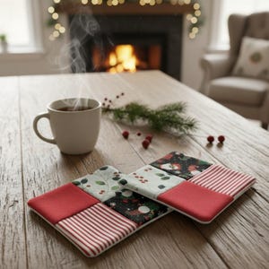 Cotton Fabric Coasters: Set of 4, Christmas Gnomes