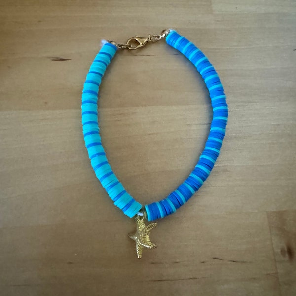 Blue Starfish Anklet, Clay Beaded Anklet, Two Tone Blue Ankle Bracelet, Waterproof Anklet, Beach Themed Ankle Bracelet, Stretchy Anklet