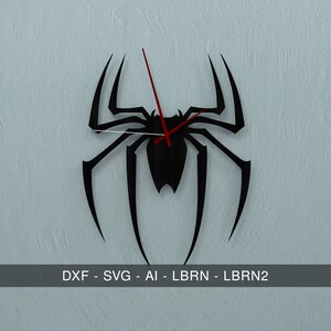 Pode incluir: Relógio de silhueta de aranha preta com ponteiros vermelhos.  DXF - SVG - AI - LBRN - LBRN2