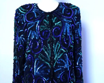 Laurence Kazar vintage 100 % soie manches longues veste à sequins pour femme, grande taille/Blazer bleu/vert/veste ouverte/Occasion spéciale/Made in India