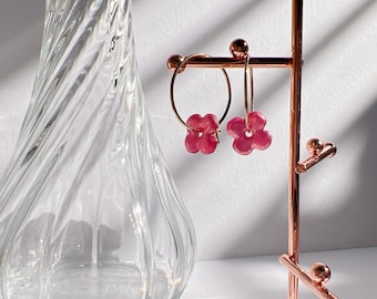 Handmade Pink Flower Hoop Earrings