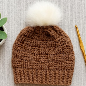 初心者向けかぎ針編みビーニーパターン • PDFをすぐにダウンロード • バスケットウィーブステッチの帽子パターン • 新生児から大人までのサイズ