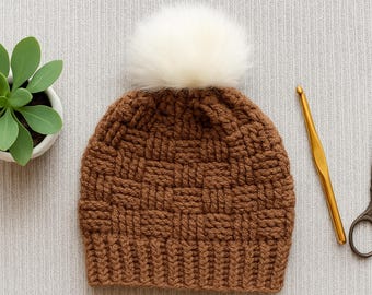 Beginner Crochet Beanie Pattern • Instant PDF Download • Basketweave Stitch Hat Pattern • Sizes Newborn-Adult