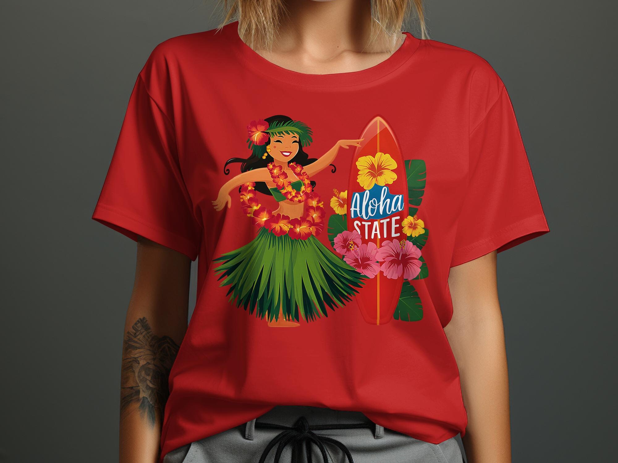 Hawaiian Hula Girl T-shirt, Aloha State Surfboard T-shirt