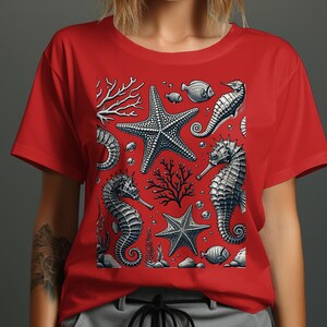 オーシャンライフTシャツ：海の生き物グラフィックビーチTシャツ