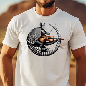 Einzigartiges Gürteltier, das Geige T-Shirt spielt, künstlerisches Wildtier-Musiker-T-Stück, Unisex-Grafikhemd für alles Alter
