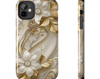 Gold Floral iPhone Case: Elegant White Flower Design, Protective Cover
