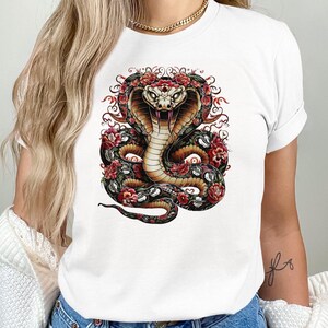 Cobra Snake With Floral Design, Artistic Snake Illustration, Unique Animal Graphic Tee, Statement T-Shirt, Trendy Casual Wear