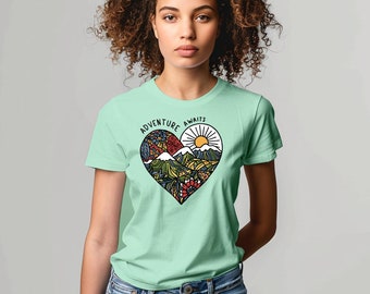 Adventure Awaits T-Shirt: Mountain Heart Graphic Tee, Nature Gift