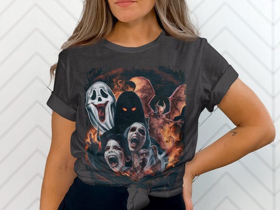 ホラー映画キャラクターのグラフィックTシャツ：レトロな悪役プリント