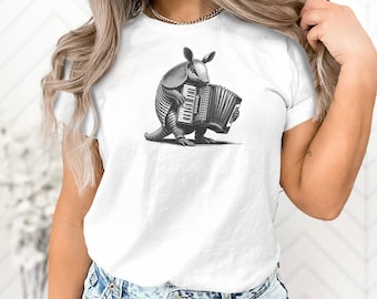 Armadillo playing the accordion t-shirt, funny animal tee, unique music lover gift, retro, vintage, distressed,