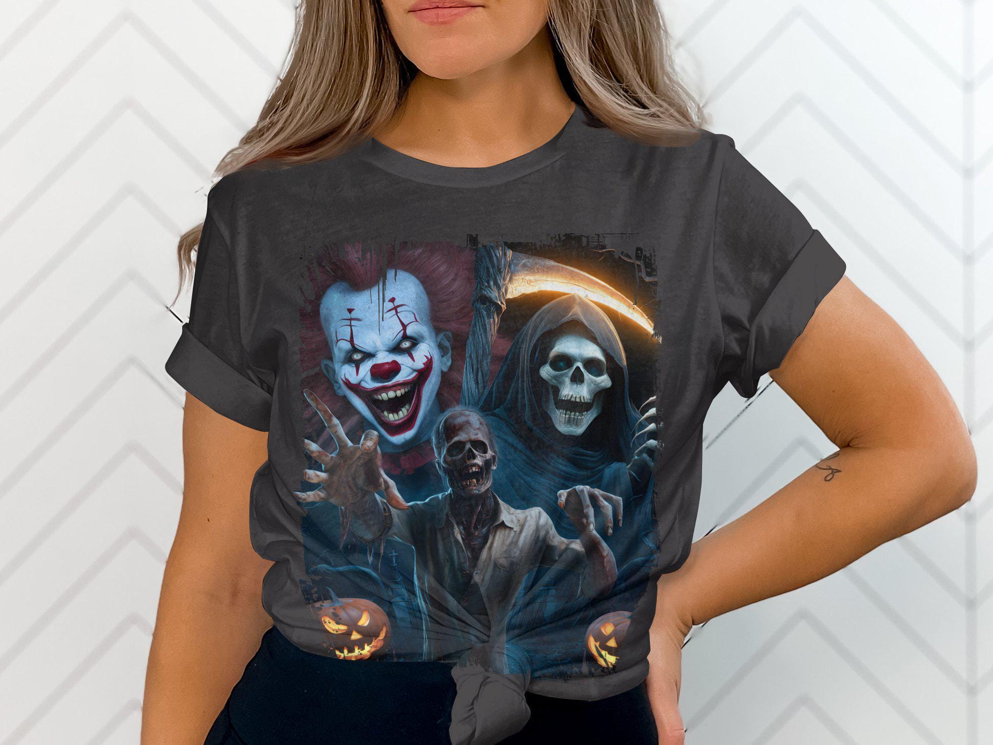バクチク　2022ハロウィン　ビックTシャツ　 黒 スカルデザイン　サイズL ハロウィンホラーTシャツ：ピエロ、ゾンビ、死神のグラフィックTシャツ