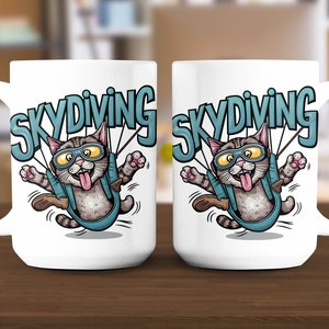Skydiving Cat Mug, Funny Cat Lover Gift, skydiver mug, skydiver gift, funny cat gift, cat lover apparel