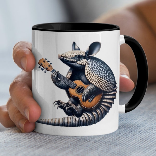 Unique Armadillo Playing Guitar Illustration Mug, Music Lover Gift, Coffee Cup, Animal Art