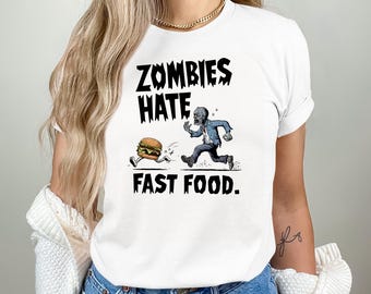 Śmieszna koszulka z zombie, zombie nienawidzą fast foodów, koszulka na Halloween, zabawna koszulka z zombie, straszna koszulka, koszulka z grafiką na Halloween