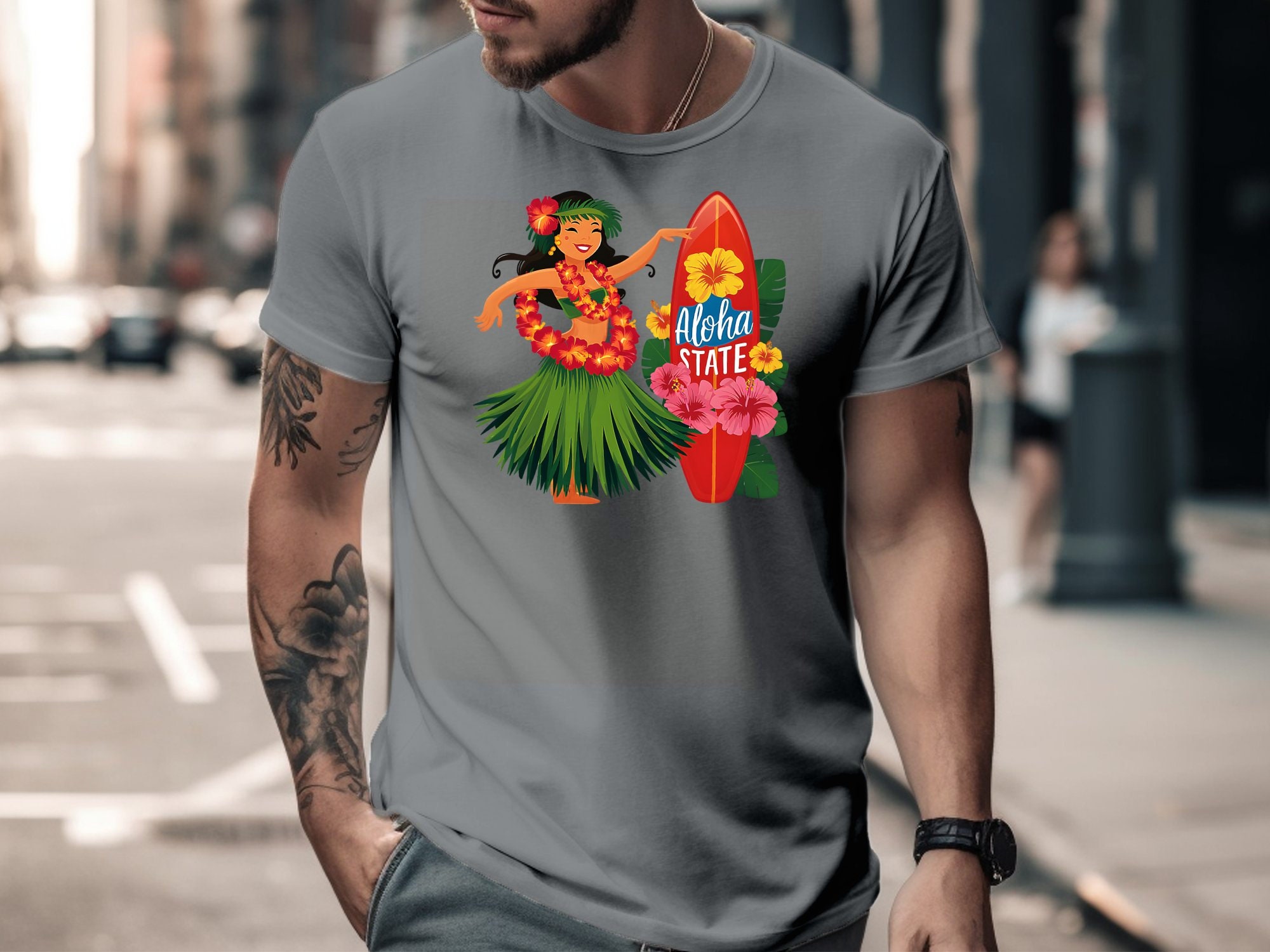 Hawaiian Hula Girl T-shirt, Aloha State Surfboard T-shirt